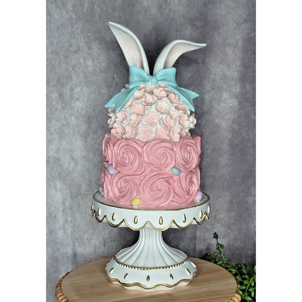 Easter Cake Bunny Ears On Pedestal Resin 14" Pink Bow Flowers Glitter Candy NEW